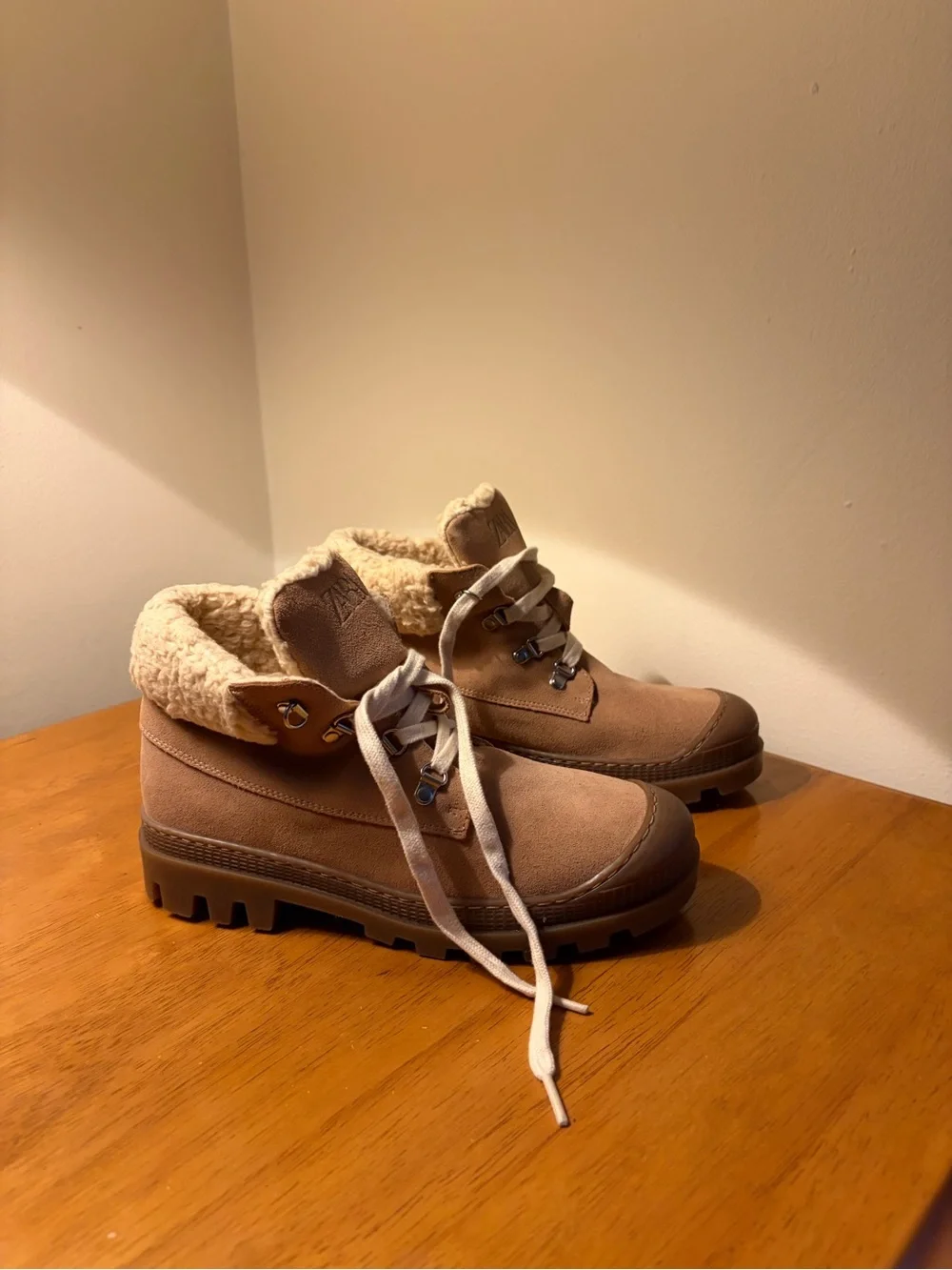 Zara Tan Suede Faux-Shearling Ankle Boots